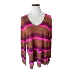 Apt 9 Women's Size XL Brown Pink Striped Long Sleeve V Neck Pullover Sweater